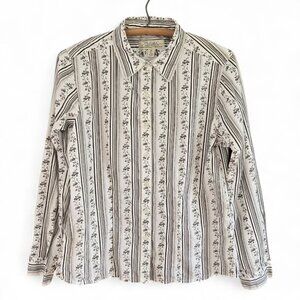 Cabelas Womens Floral Striped Button-Up Shirt Medium Brown & White Cotton